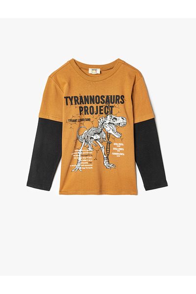 Koton Dinosaur Printed Cotton Long Sleeve T-Shirt - Crew Neck