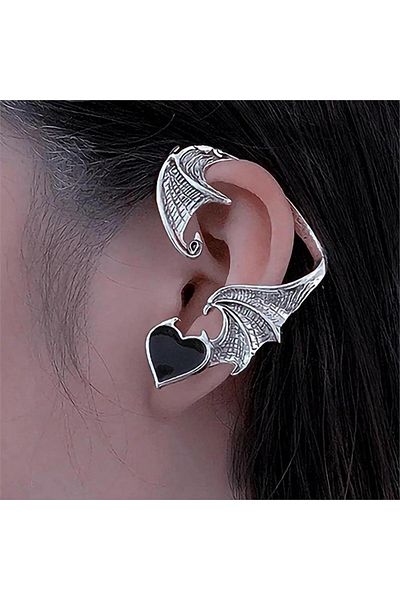 Köstebek Gray Dragon - Black Heart Detailed Spiral Left Earrings
