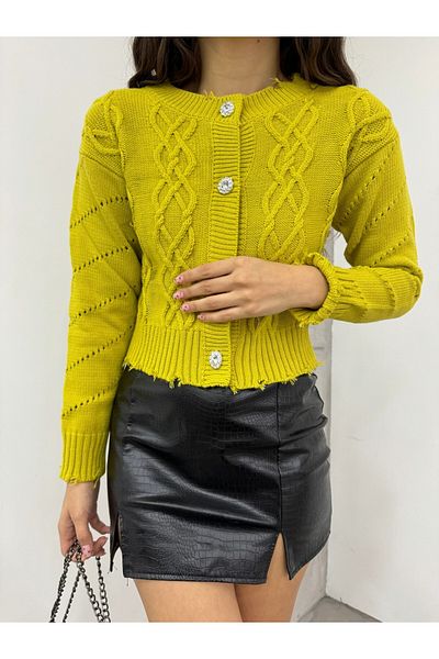 Modamorfo Stone Buttoned Ripped Cropped Cardigan - Oil Green