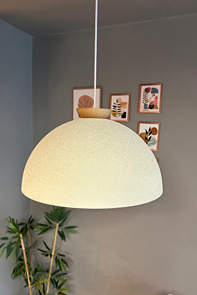 Bamyum Linate Dokulu Açık Krem Tabak Ahşap Avize Tekli Sarkıt Salon Kuaför Dekoratif Aydınlatma