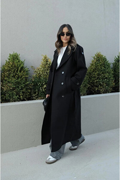 My Blog Černý vlněný kabát s nárameníky a páskem-5002- 544106