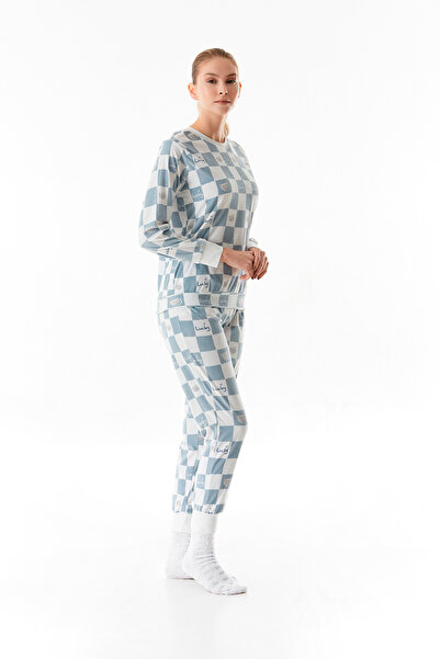 Fulla Moda Dama Desenli Bisiklet Yaka 2 Li Kadife Pijama Takımı