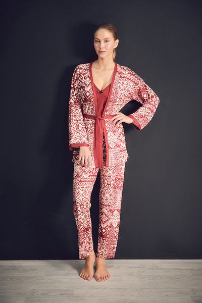 Fulla Moda Set de pijamale din 3 piese cu curea cu model etnic