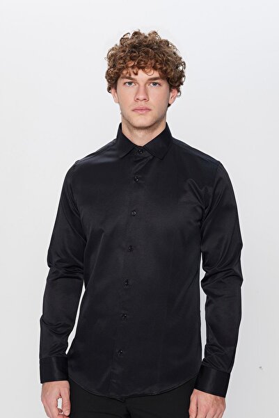 Tudors Erkek Slim Fit Dar Kesim Pamuklu Düz Siyah Gömlek