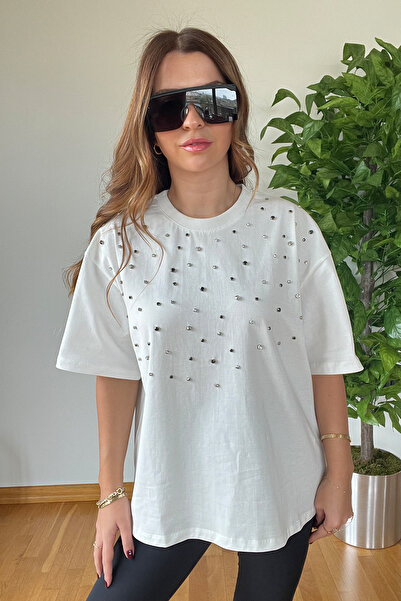 PİCCO Yeni Sezon Önü Taşlı Şık Oversize Bisiklet Yaka Pamuklu Trend Kaliteli ...