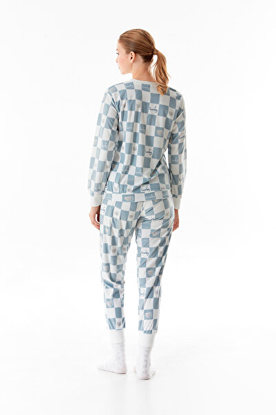 Fulla Moda Dama Desenli Bisiklet Yaka 2 Li Kadife Pijama Takımı