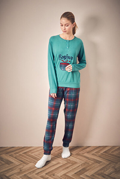Fulla Moda Bonjour Yazı Nakışlı 2 Li Kadife Pijama Takımı