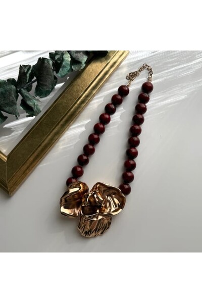 illys Gold Rose Büyük Çiçek Figür Bordo Yuvarlak Boncuk ZRA Model Kolye