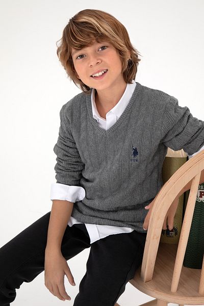 U.S. Polo Assn. Boy's Gray Melange Basic V-Neck Sweater 50293535 -Vr086