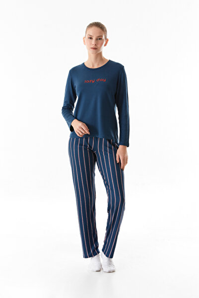 Fulla Moda Yazı Baskılı Bisiklet Yaka 2 Li Pijama Takımı