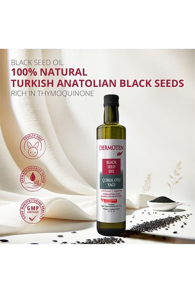 Dermoten Schwarzkümmelöl 250ml, kaltgepresst, 100% natürlich, reich an Thymochinon, ohne Zusatzstoffe, Premium