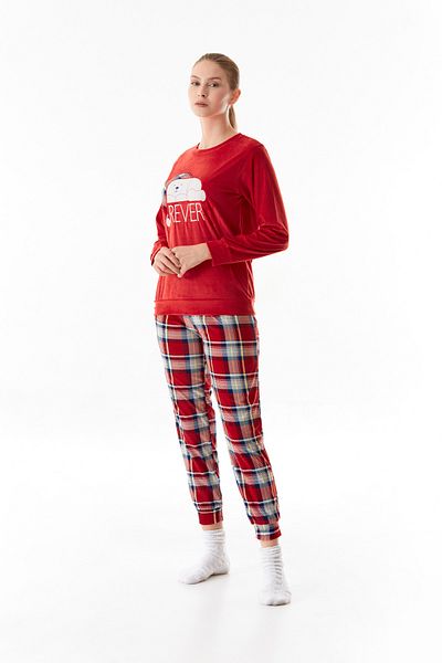 Fulla Moda Embroidered Crew Neck 2-Piece Velvet Pajamas Set