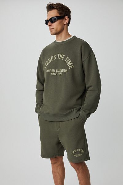 GRIMELANGE Norton Men's Round Neck 3 Thread Khaki Sweatshirt