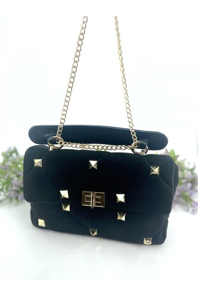Seniorah Black Patterned Women's Bag with Studs - with Strap, for Hand and Shoulder