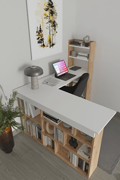 AYMOBSAN Venedik 13 Raflı Çalışma Masası, Atlantik Çam - Beyaz