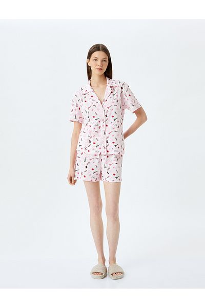 Koton Knitted Paris Themed Heart Shorts Pajamas Set