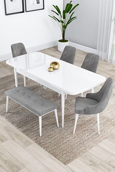 Canisa Kar Serisi 80x132 Açılabilir Mdf Beyaz Mutfak Masası Takımı 4 Gri Sandalye 1 Bench