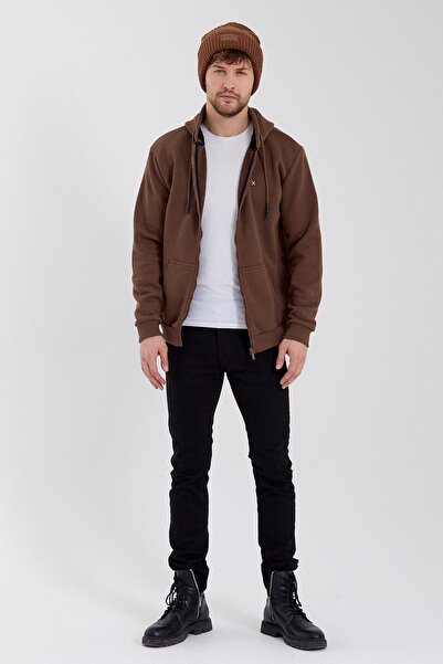 Polo State Чоловічий світшот з кишенею-кенгуру на блискавці, 3 нитки, коричневий