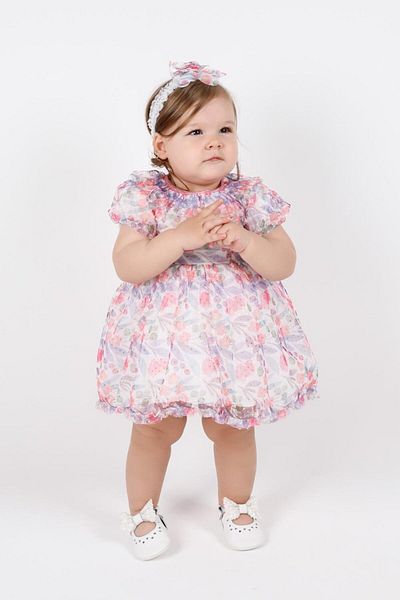 Le Mabelle Pink Floral Printed and Headband Tulle Girls' Dress - Randi