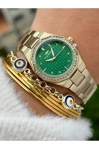 FERRO Brand Yellow Color Steel Band Green Dial Women Wrist Watch+Bracelet