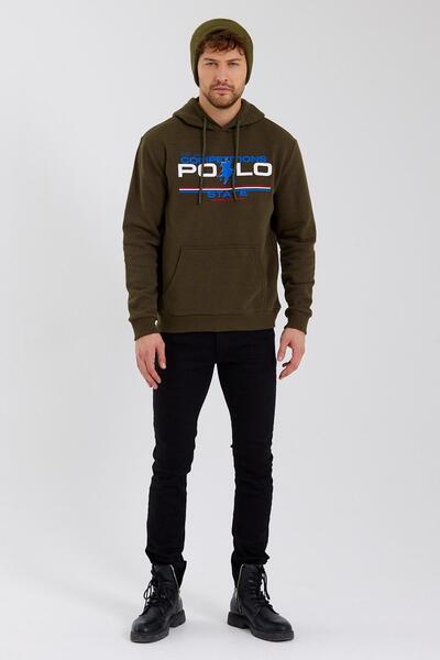 Polo State Men's Hooded Printed 3 Thread Sweatshirt Khaki