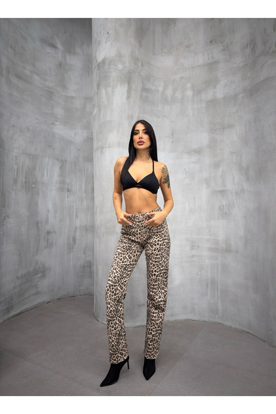 XBELLA DENİM Kadın Yüksek Bel Leopar Desenli Boru Paça Likralı Kot Pantolon