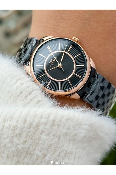 FERRO Brand Black Color Steel Band Women Wrist Watch+Bracelet