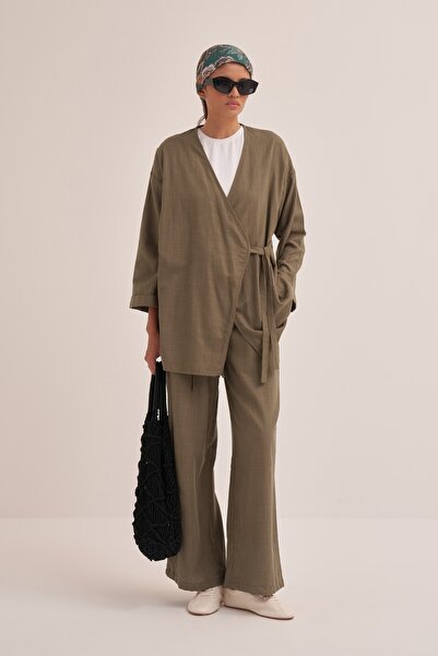 EBU Prive Γυναικείο σετ κιμονό από οργανικό βαμβάκι με κορδόνια καφέ
