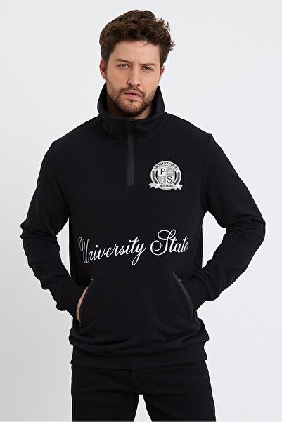 Polo State Hanorac negru oversize pentru bărbați, cu guler de iarnă, cu 3 buz...