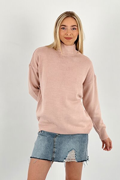 Miss Poem Pulover de damă cu gât înalt, lung, iarnă, din tricotaje pudră