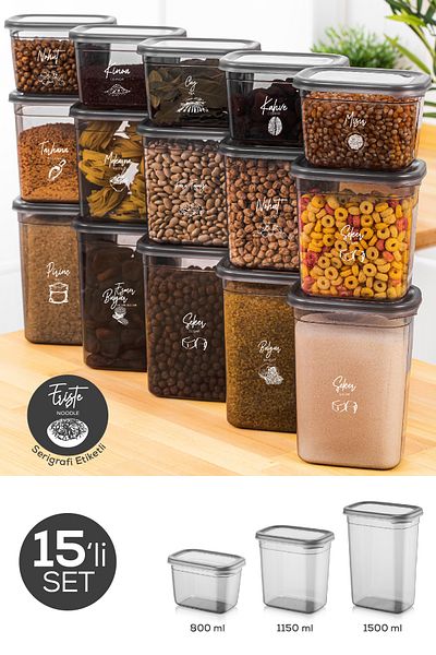 Vienev 15 Pcs Peggy White Silk Screen Label Anthracite Storage Container Set 5X(1500-1150-800 ml)