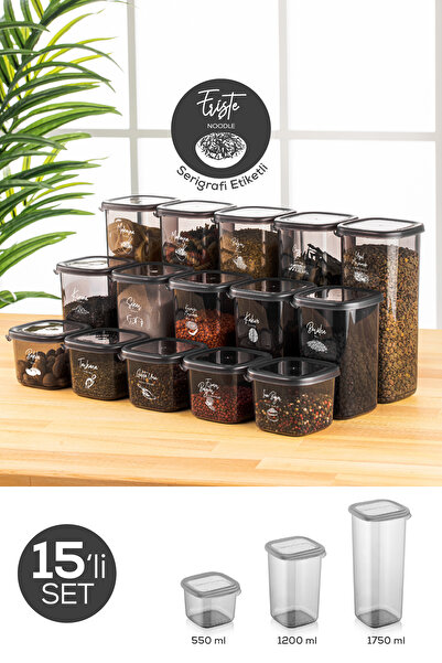 Vienev 15 bucăți recipient de depozitare pătrat Peggy alb antracit cu etichete serigrafiate - 5x0,55/1,2/1,75 litri