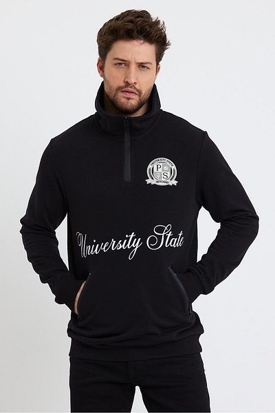 Polo State Men's Oversize Winter Stand Collar Black Sweatshirt with 3 Thread Pockets
