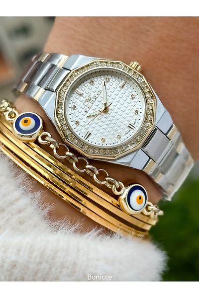 FERRO Brand Silver Yellow Color Steel Band Women Wrist Watch+Bracelet