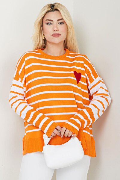 SENSTIL Orange Striped Heart Applique Sweater - Ss2617