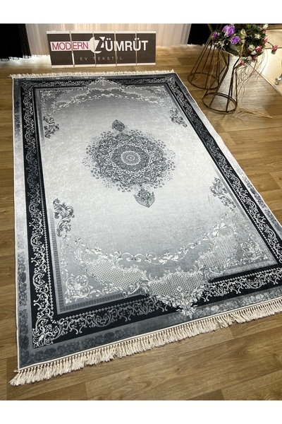 Zümrüt Ev Tekstil Dijital Baskılı Makinede Yıkanabilir Dot Taban Halı Varen Gri
