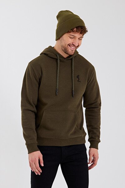 Polo State Erkek İskelet Nakışlı 3 İplik Kapüşonlu Sweatshirt Haki