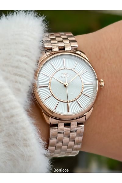 FERRO Brand Rose Color Steel Band Women Wrist Watch+Bracelet