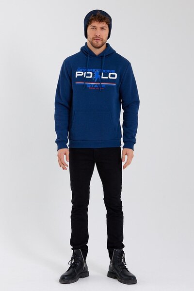 Polo State Ανδρικό φούτερ με κουκούλα με στάμπα 3 νήματα Indigo