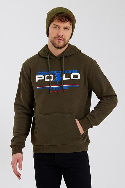 Polo State Ανδρικό φούτερ με κουκούλα με στάμπα 3 κλωστών Χακί