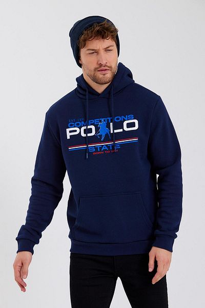 Polo State Мъжки щампован суичър с 3 нишки с качулка, тъмносин