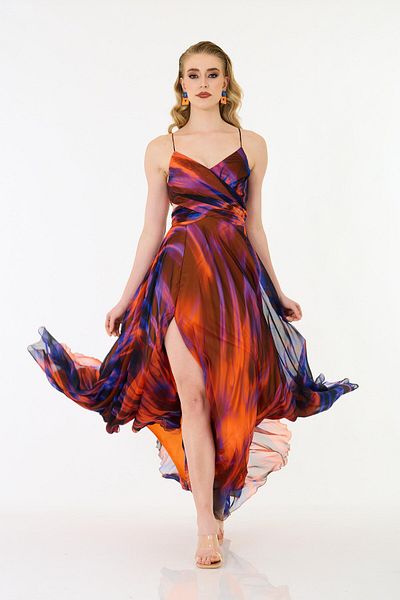 Carmen Orange Strap Printed Chiffon Evening Dress