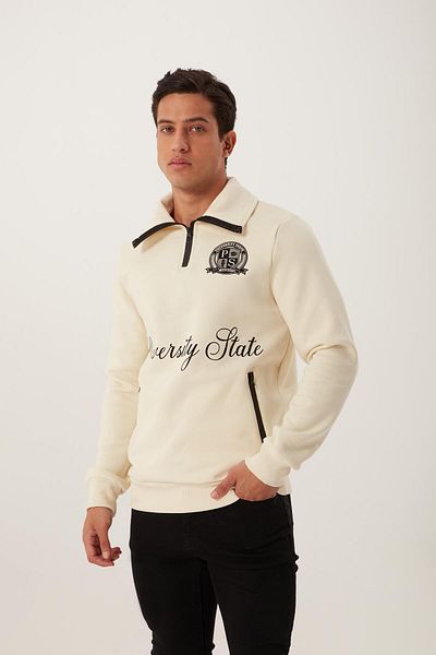 Polo State Men's Oversize Winter Stand Collar 3 Thread Pocket Ecru Sweatshirt
