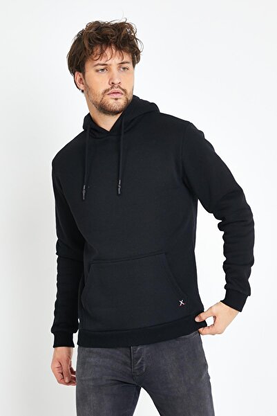 Polo State Hanorac negru cu glugă, cu 3 fire, buzunar cangur pentru bărbați