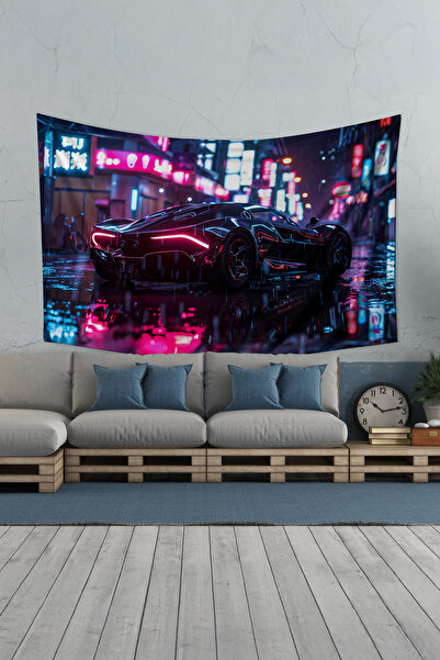 Moud's Neon Araba Desenli Duvar Halısı Duvar Örtüsü Tapestry Süet Dokulu Kumaş