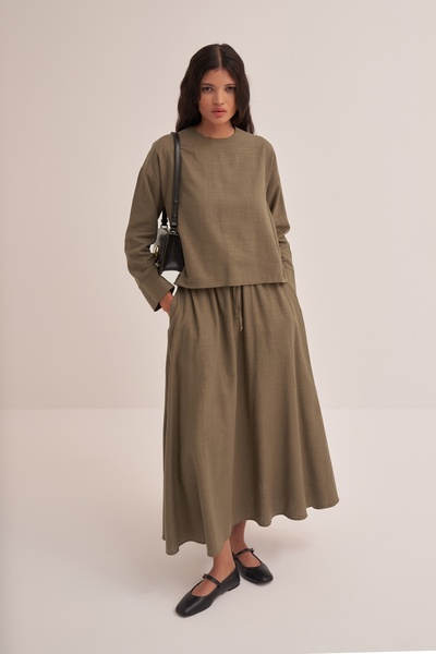 EBU Prive Women's Organic Cotton Blouse Skirt Set Brown