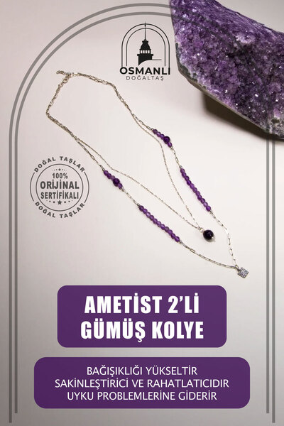 OSMANLI DOĞAL TAŞ Ametist Doğal Taş 2'li Gümüş Tasarım Kolye - 54cm