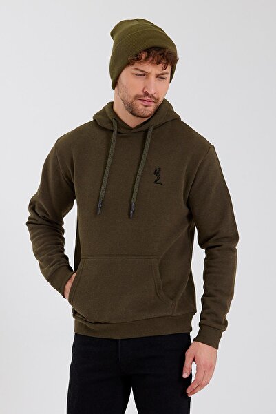 Polo State Erkek İskelet Nakışlı 3 İplik Kapüşonlu Sweatshirt Haki