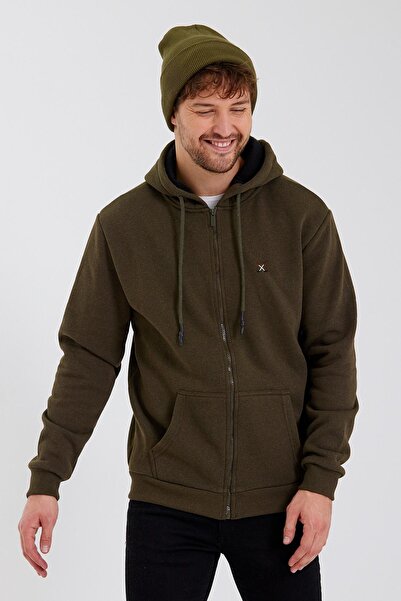 Polo State Ανδρικό φούτερ με φερμουάρ και τσέπη καγκουρό με 3 κλωστές χακί