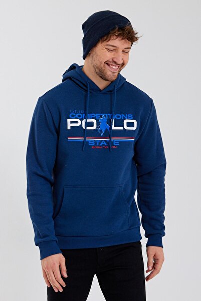 Polo State Ανδρικό φούτερ με κουκούλα με στάμπα 3 νήματα Indigo